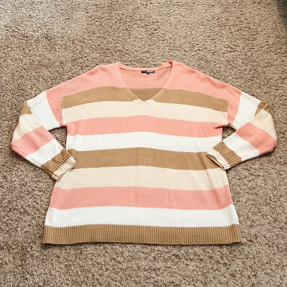 SOLD! [Glitzy Girlz] Neutral Stripe V-Neck Pullover Sweater - Picture 5 of 9